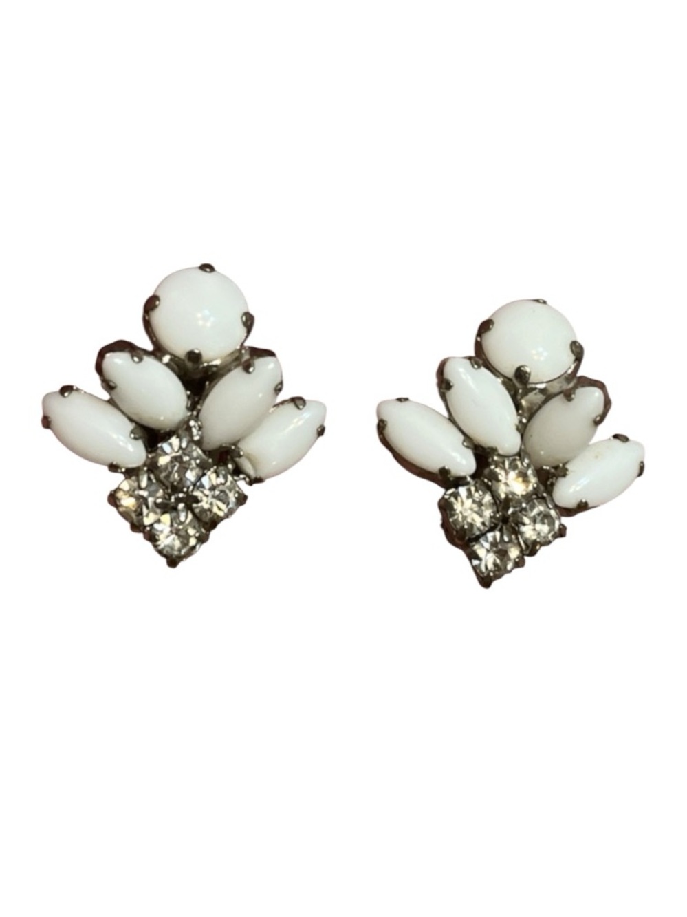 Vintage White Milk Glass and Rhinestone Clip On Earrings